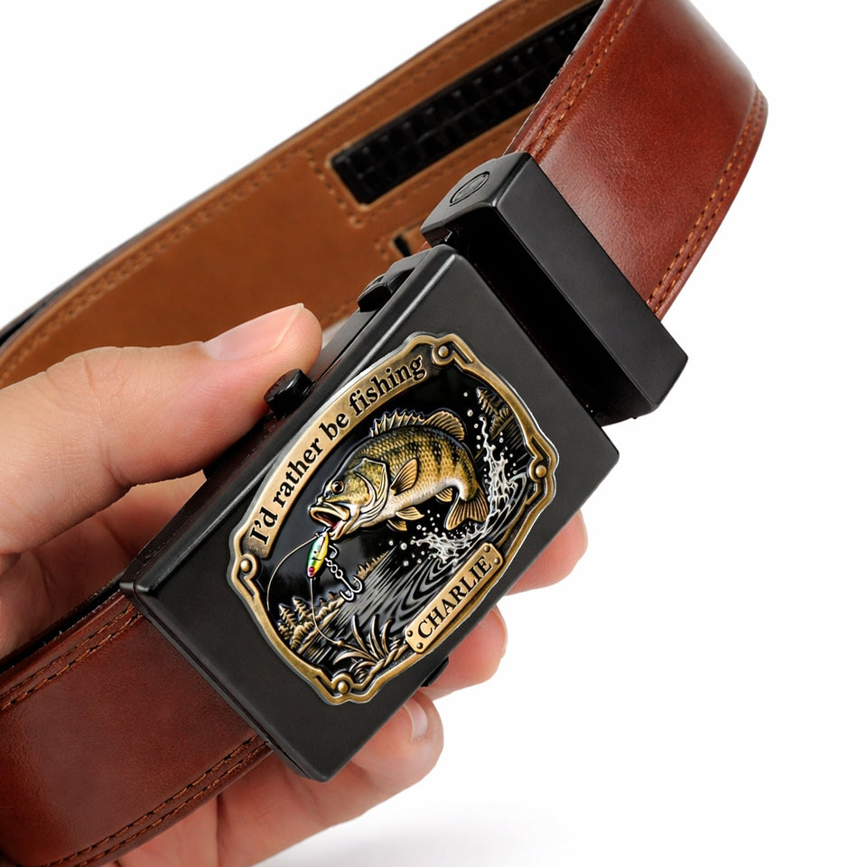 I'd Rather Be Fishing - Personalized Fishing Leather Belt With Shaped Buckle