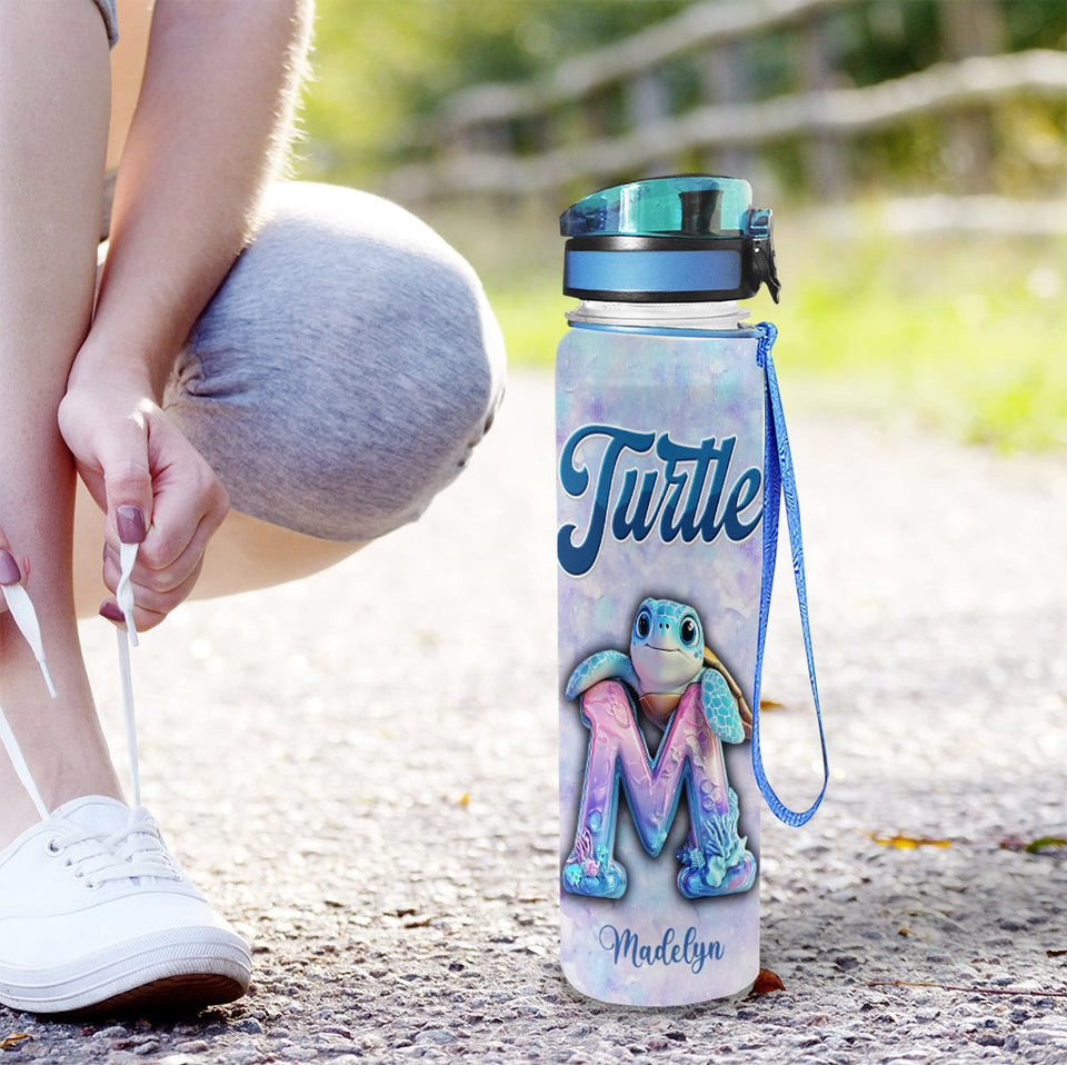 Turtle Alphabet Letter Custom Name - Personalized Turtle Water Tracker Bottle