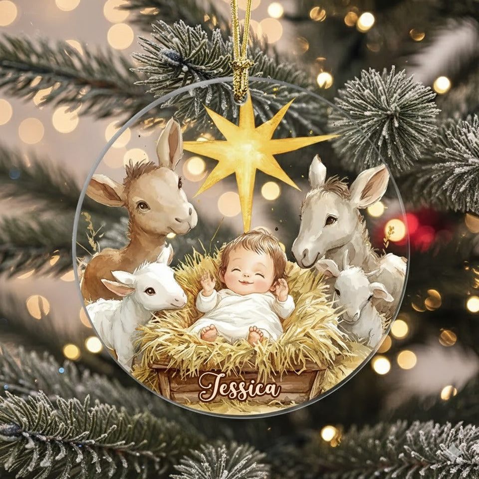 Festive Nativity Scene - Personalized Christian Ornament