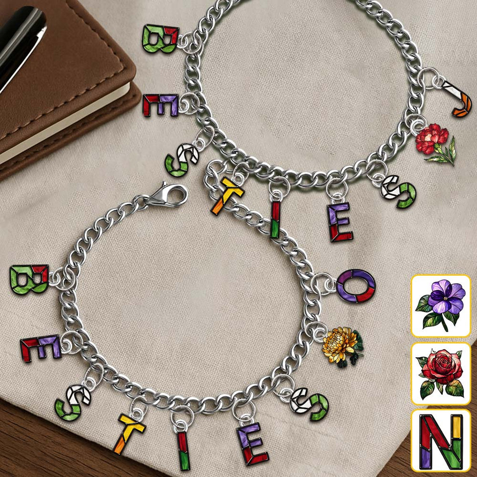 Besties With Birth Flowers And Initials - Personalized Bestie Bracelet With Charms