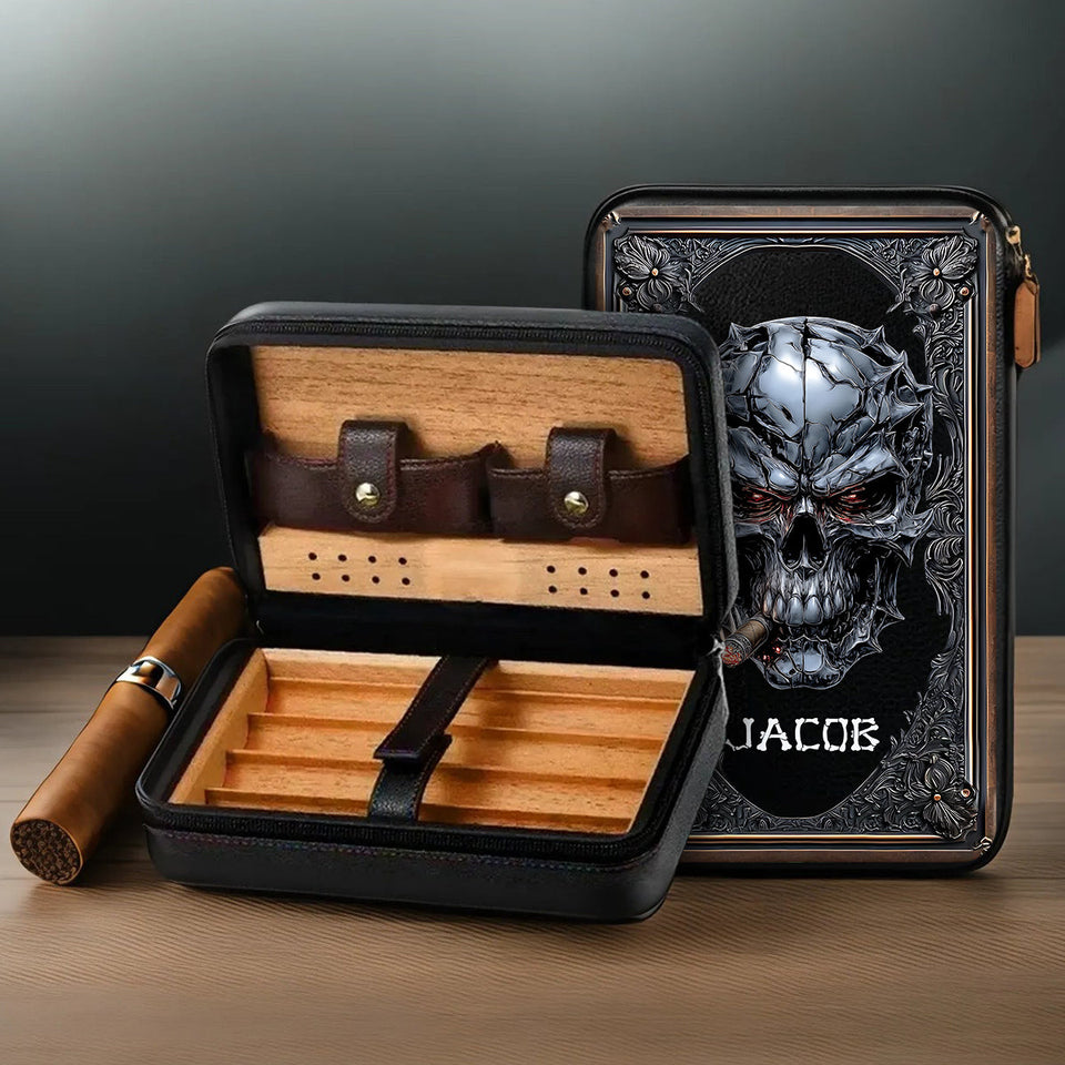 Smoking Skull - Personalized Skull Travel Cigar Humidor Case