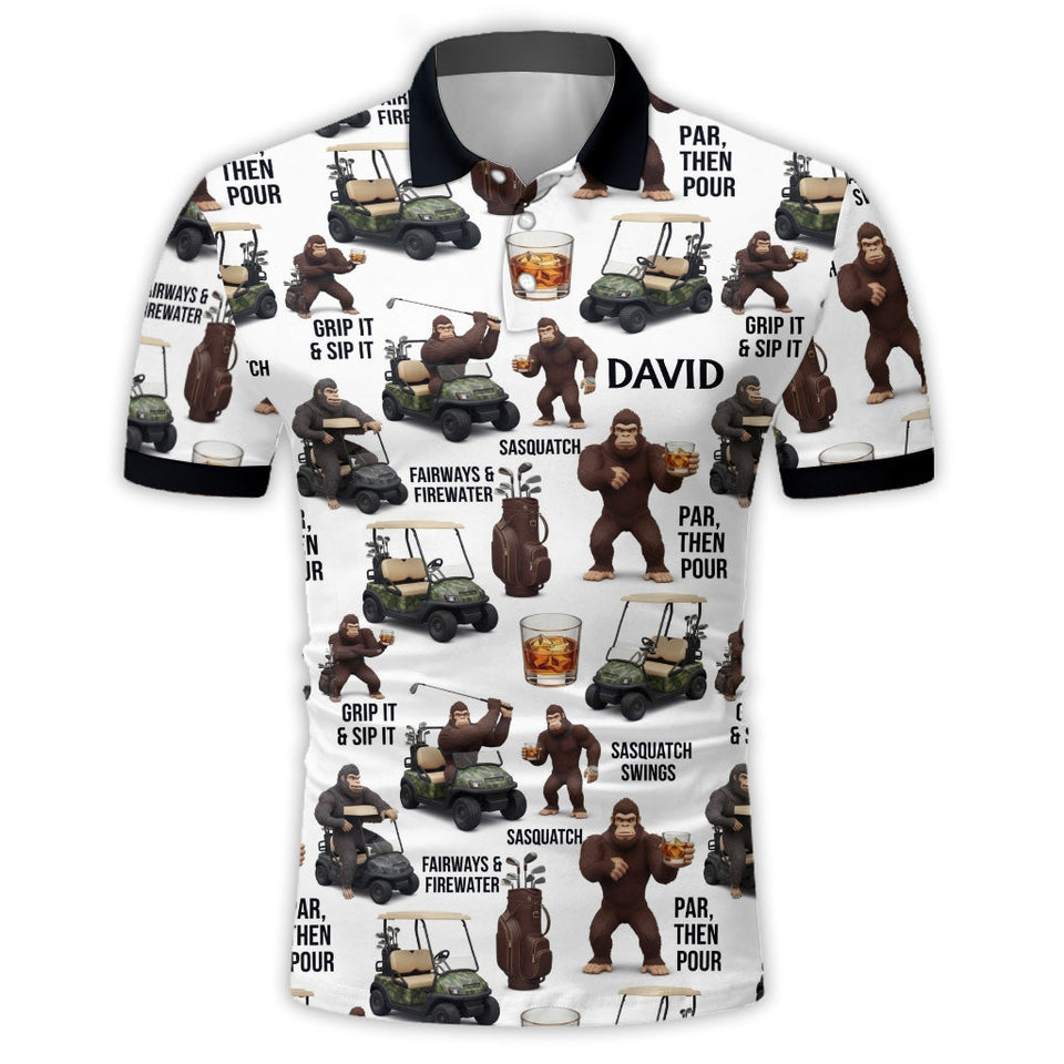 Funny Sasquatch & Whiskey Golf Polo Shirt, Funny Gift For Him, Dad,... - Personalized Golf Polo Shirt