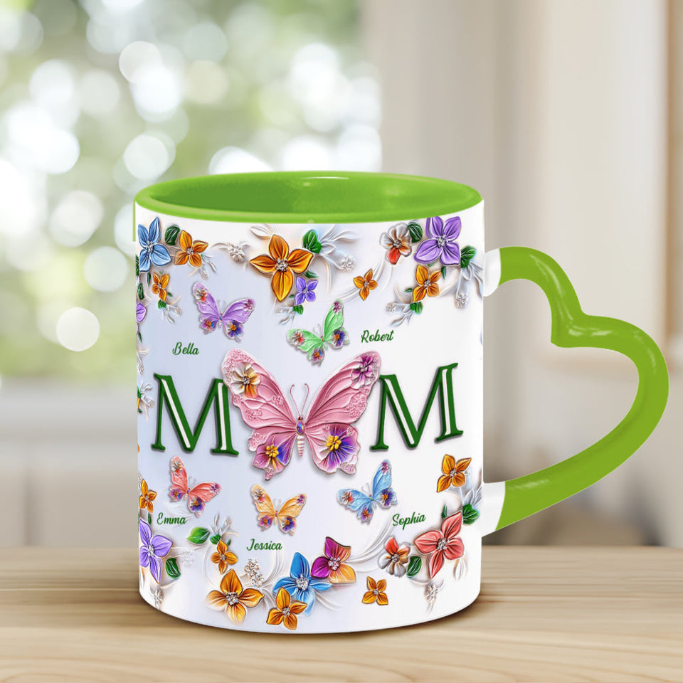 Colorful Butterflies Mom Mama - Personalized Mother Heart Handle Mug