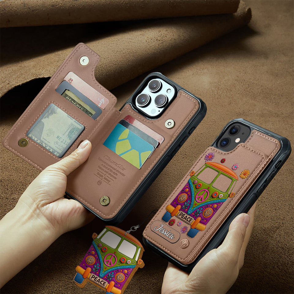 Peace Bus - Personalized Hippie Wallet Phone Case With Leather Charm