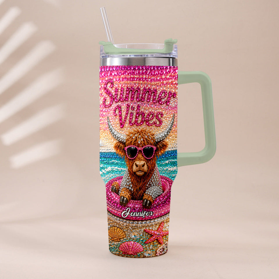 Summer Vibes - Personalized Highland Cow Tumbler With Plush Charm