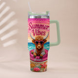 Summer Vibes - Personalized Highland Cow Tumbler With Plush Charm