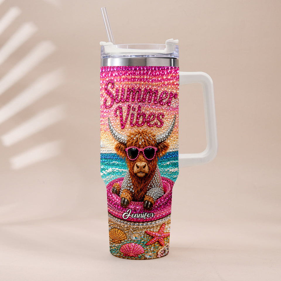 Summer Vibes - Personalized Highland Cow Tumbler With Plush Charm