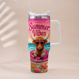 Summer Vibes - Personalized Highland Cow Tumbler With Plush Charm