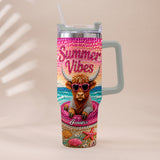 Summer Vibes - Personalized Highland Cow Tumbler With Plush Charm