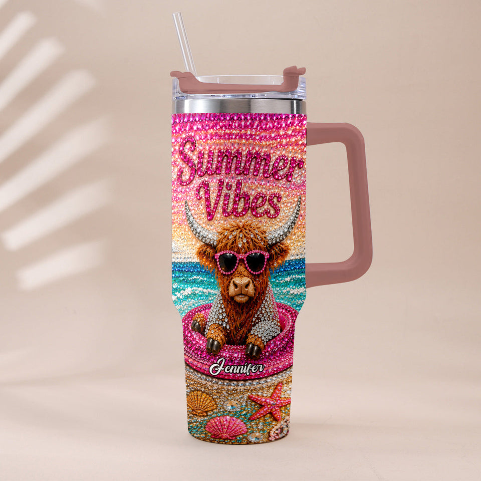 Summer Vibes - Personalized Highland Cow Tumbler With Plush Charm