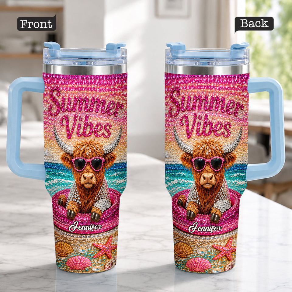 Summer Vibes - Personalized Highland Cow Tumbler With Plush Charm
