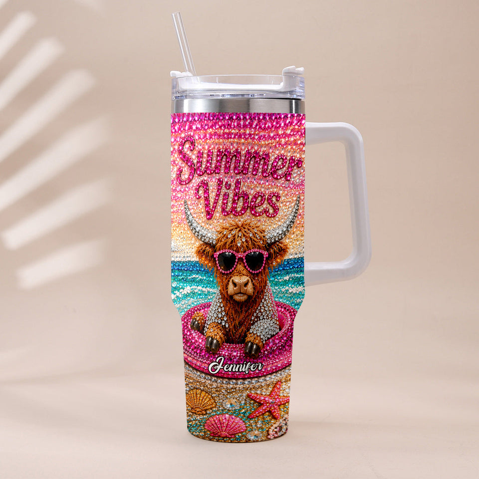 Summer Vibes - Personalized Highland Cow Tumbler With Plush Charm
