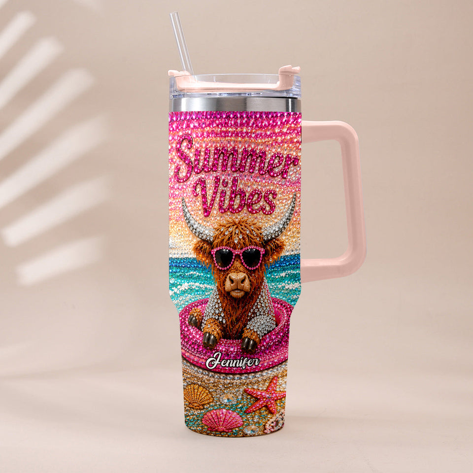Summer Vibes - Personalized Highland Cow Tumbler With Plush Charm