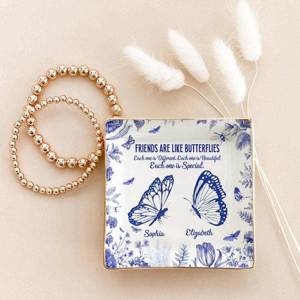 Friends Are Like Butterflies Toile De Jouy Flowers - Personalized Bestie Fully Printed Jewelry Dish