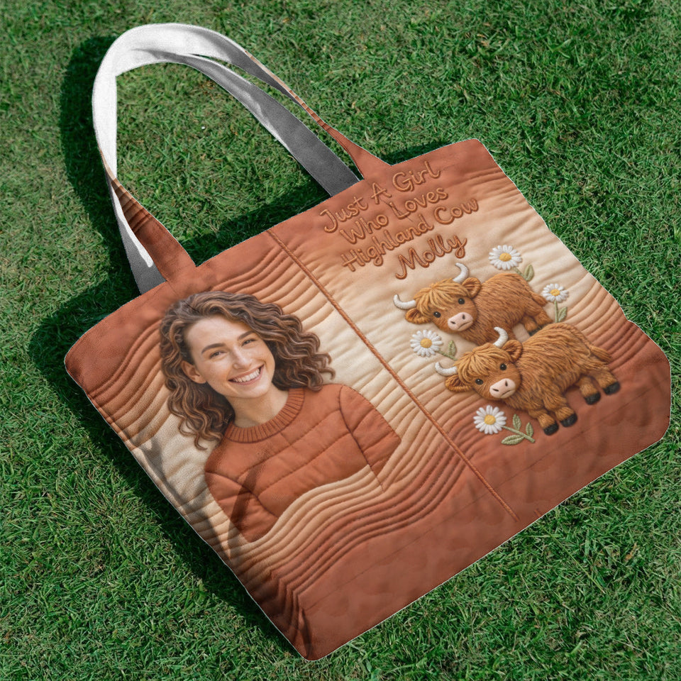Custom Any Photo Highland Cow Lovers - Personalized Highland Cow Quilted Tote Bag
