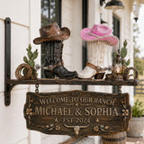 Cowboy Cowgirl Couple - Personalized Western Outfit Wooden Wall Mount Sign