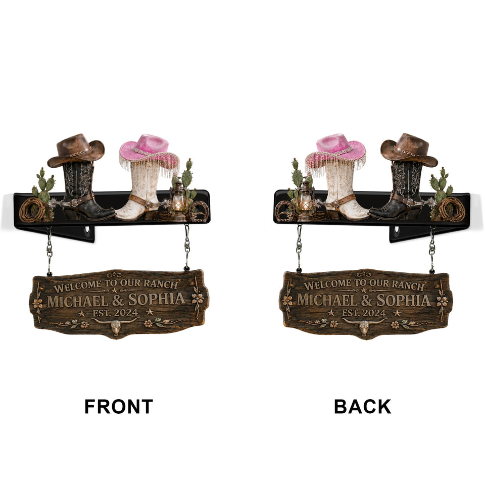 Cowboy Cowgirl Couple - Personalized Western Outfit Wooden Wall Mount Sign