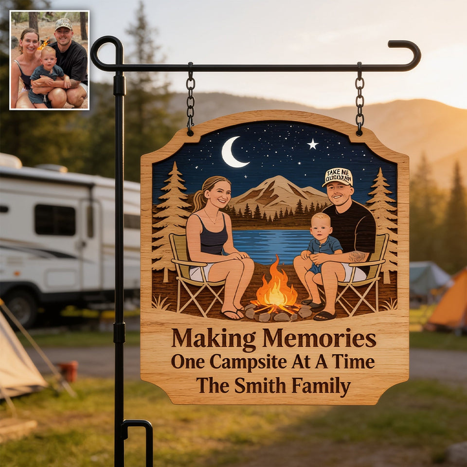 Our Happy Place - Personalized Camping Wood Sign With Stake
