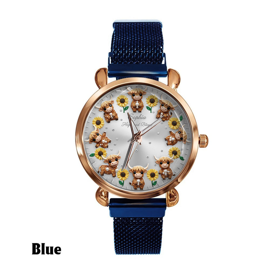 Sunflower & Cow - Personalized Highland Cow Women Hand Watch