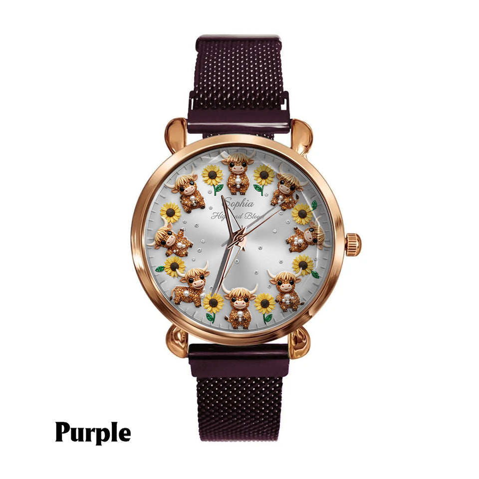 Sunflower & Cow - Personalized Highland Cow Women Hand Watch
