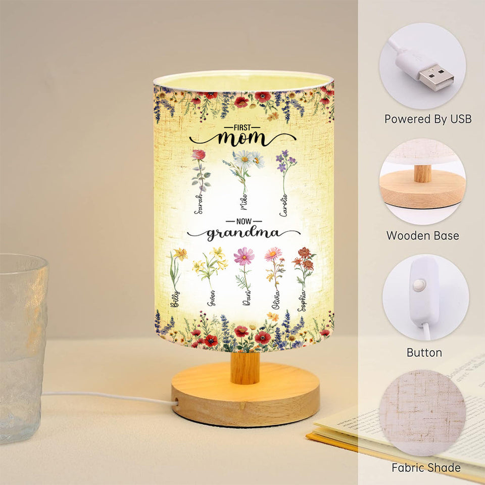 First Mom Now Grandma - Personalized Grandma Tableside Lamp With Wood Base