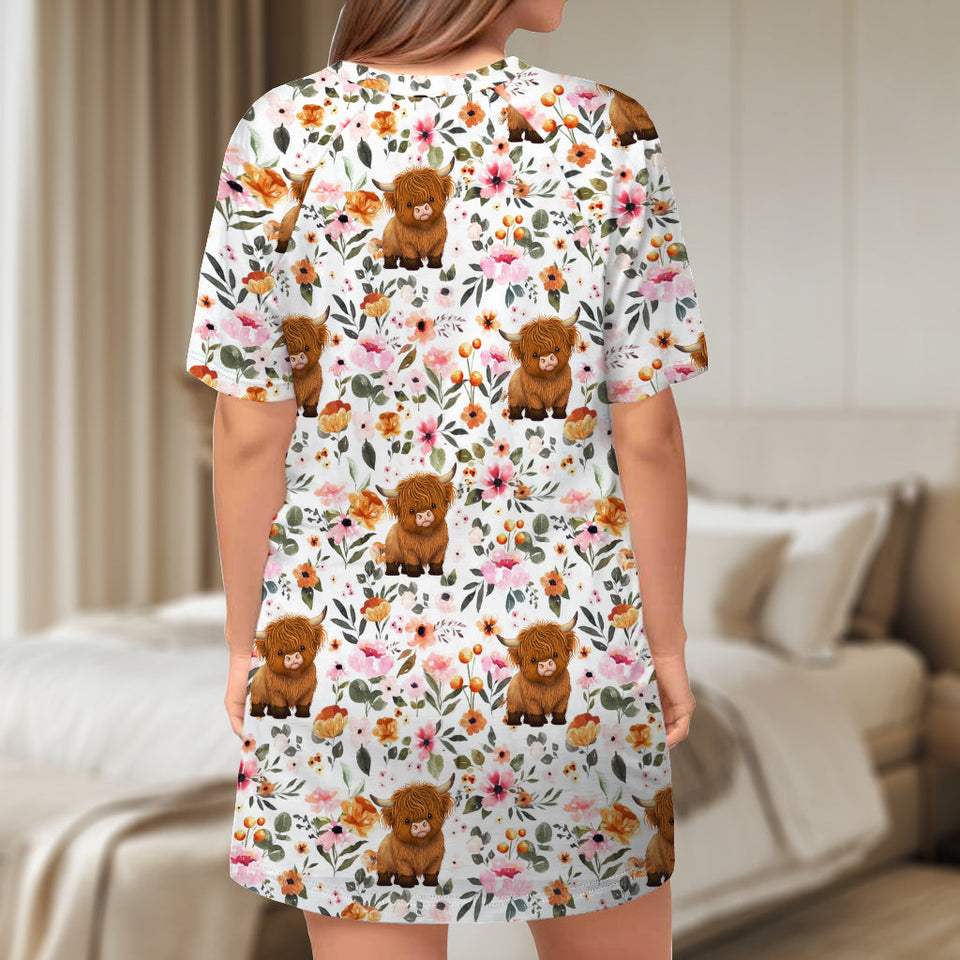 Floral Highland Cow - Personalized Highland Cow Sleep T-shirt Dress