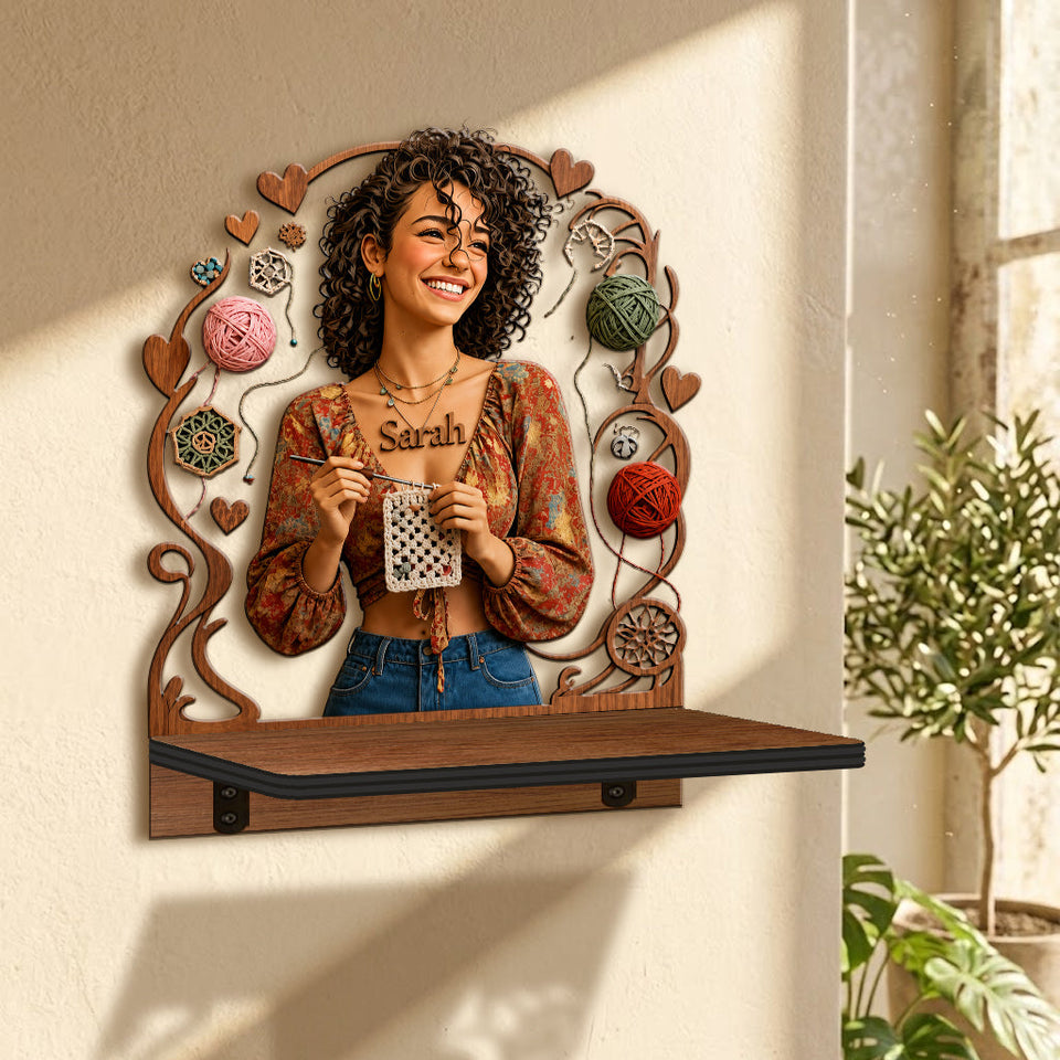 Crafted with Love - Personalized Crocheting Wooden Floating Shelf