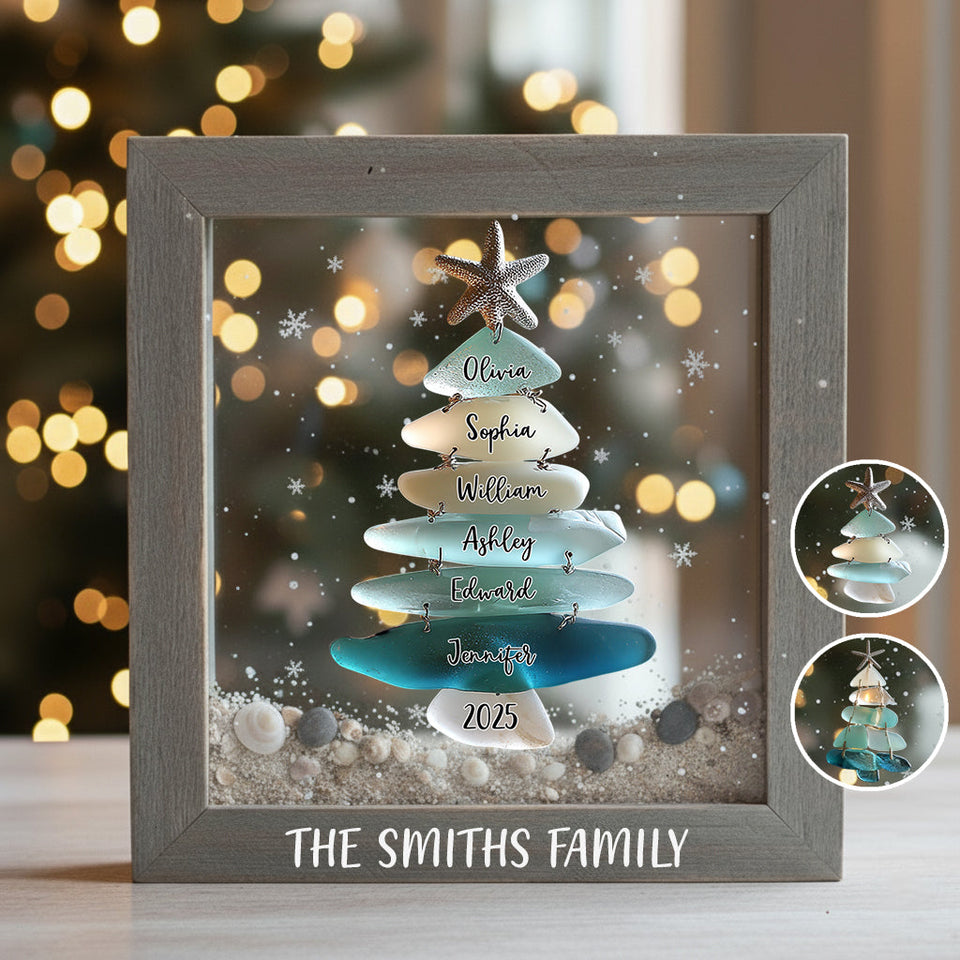 Family Sea Glass Christmas Tree - Personalized Family Custom Shaped Acrylic Plaque