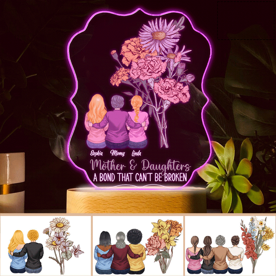 Mother And Children Birth Flowers - Personalized Mother Shaped Plaque Light Base
