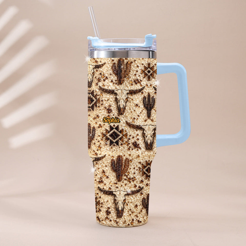 Western Pattern - Personalized Western Outfit Rhinestone Tumbler With Plush Charm