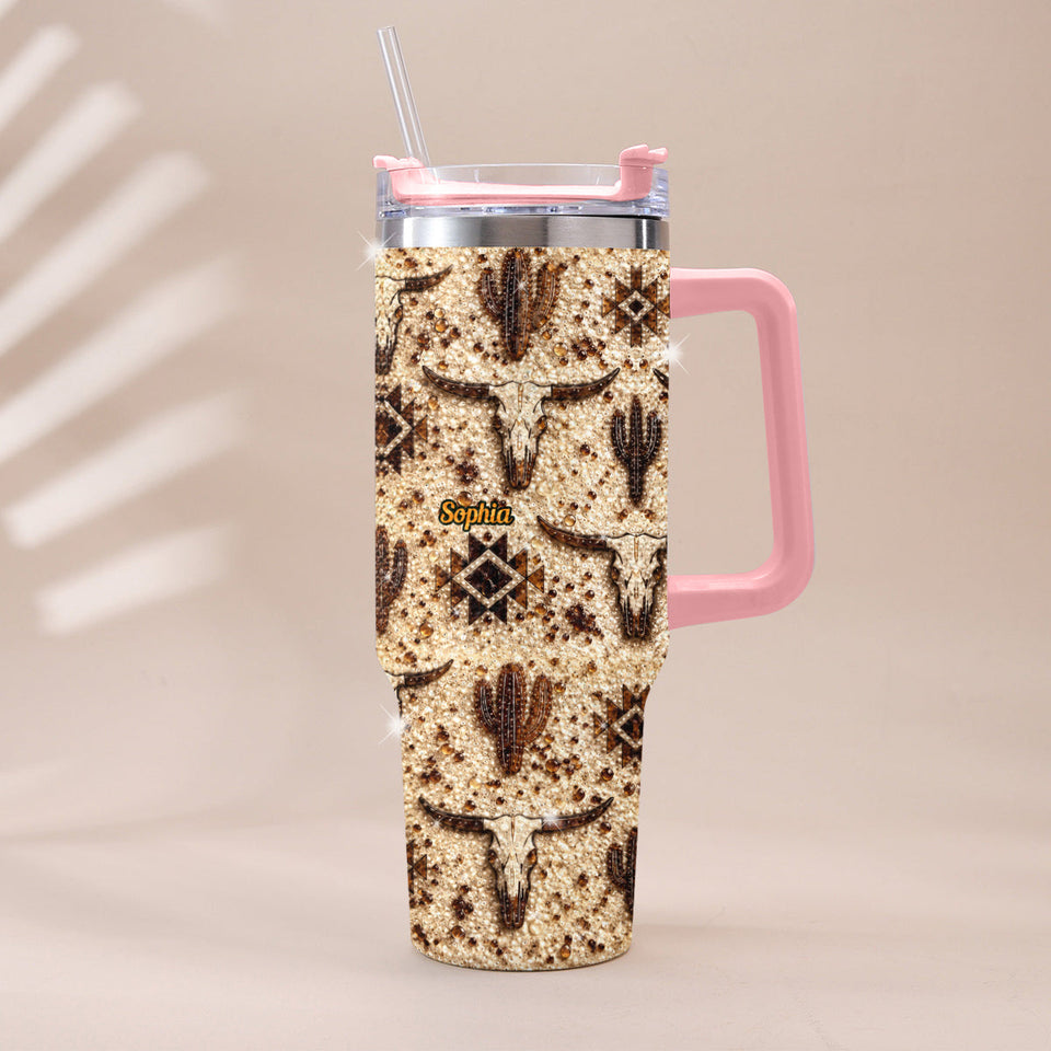Western Pattern - Personalized Western Outfit Rhinestone Tumbler With Plush Charm