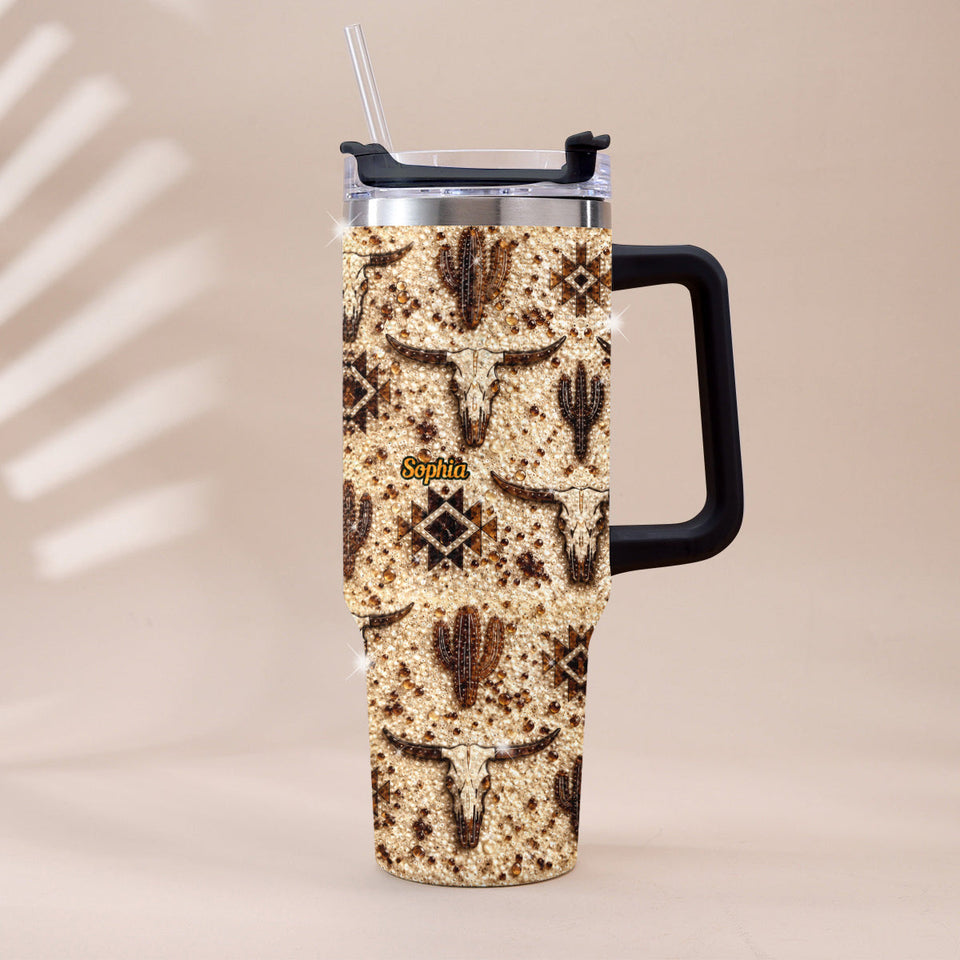 Western Pattern - Personalized Western Outfit Rhinestone Tumbler With Plush Charm