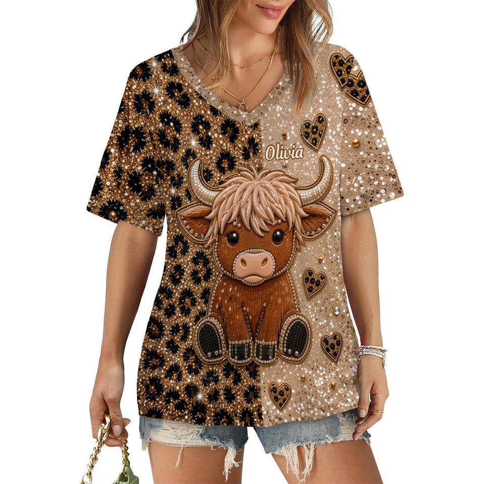 Love Highland Cow - Personalized Highland Cow Fully Printed V-Neck T-Shirt