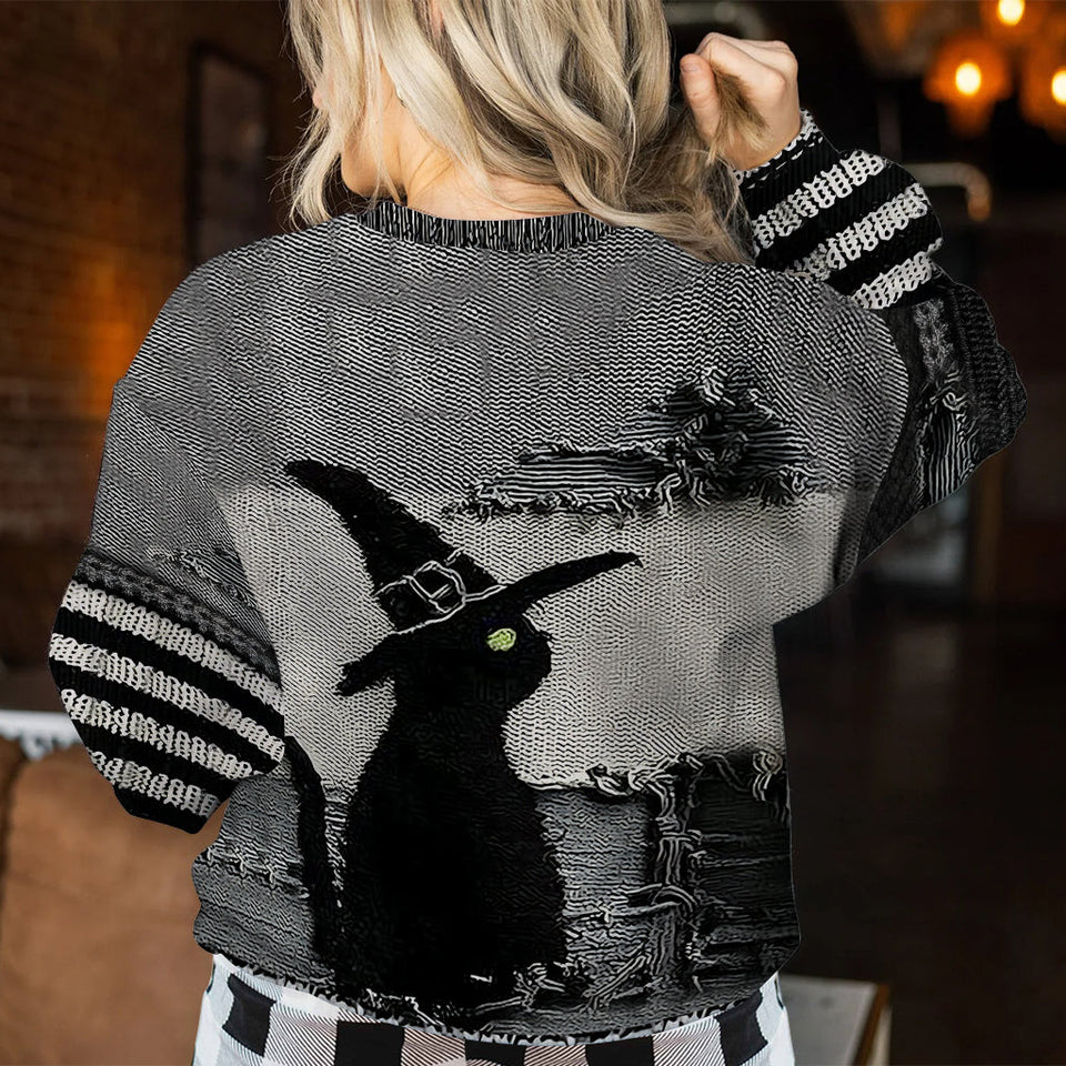Black Cat With Witch Hat - Personalized Witch Ugly Sweater