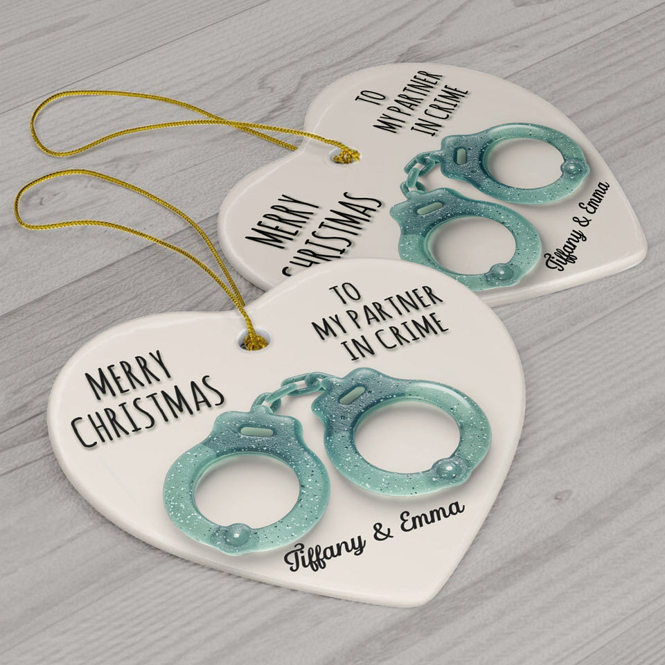 To My Partner In Crime - Personalized Bestie Ceramic Heart Ornament