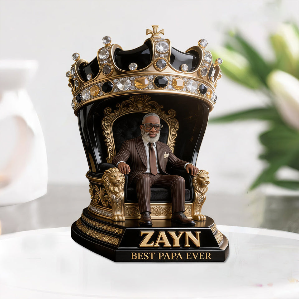 Custom King Throne Photo Figurine Statue for Black Grandpa | Personalized Best Black Grandpa Ever Crown Sculpture | Unique Father's Day Gift for Office Desk Decor