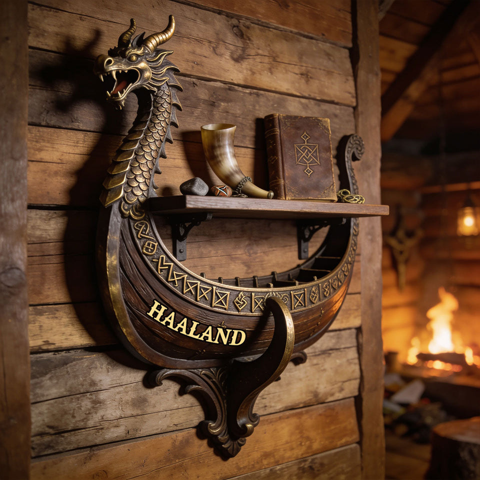 Viking Dragon Boat - Personalized Viking Wooden Floating Shelf