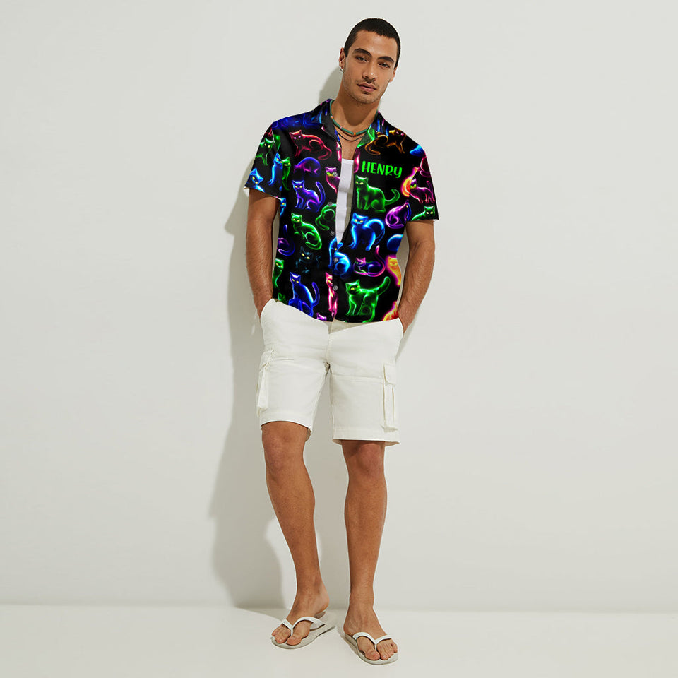Neon Cat Pattern - Personalized Cat Hawaiian Shirt