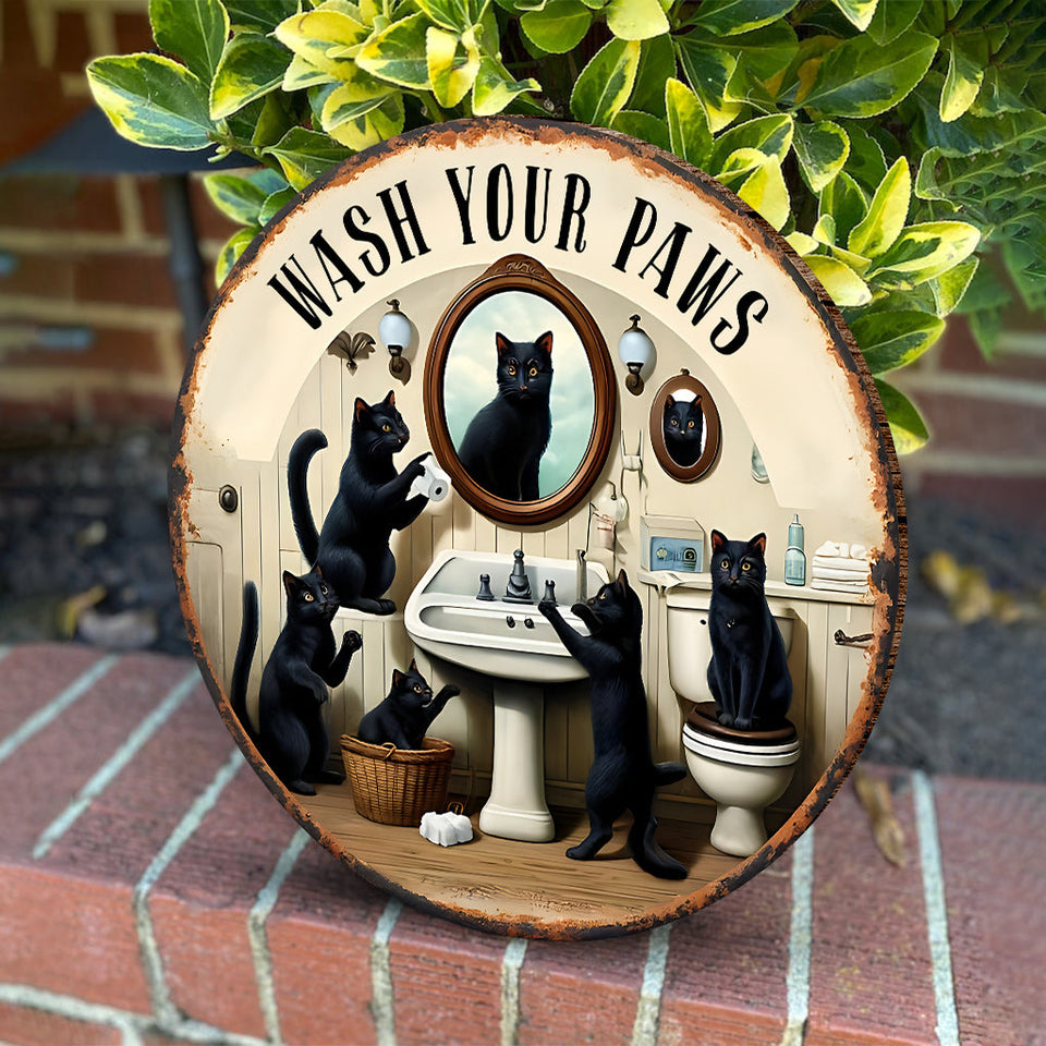 Wash Your Paws - Personalized Black Cat Round Wood Sign