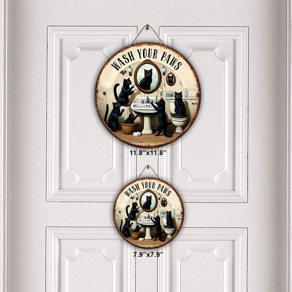Wash Your Paws - Personalized Black Cat Round Wood Sign