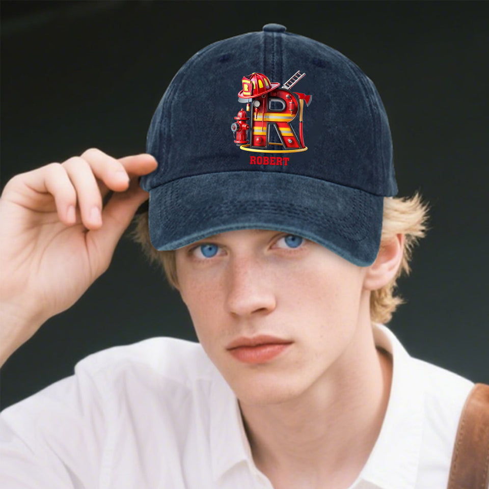 Alphabet Firefighter - Personalized Firefighter Washed Denim Cap