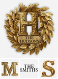 Custom Family Initial Gold Wreath - Personalized Family Cut Metal Sign
