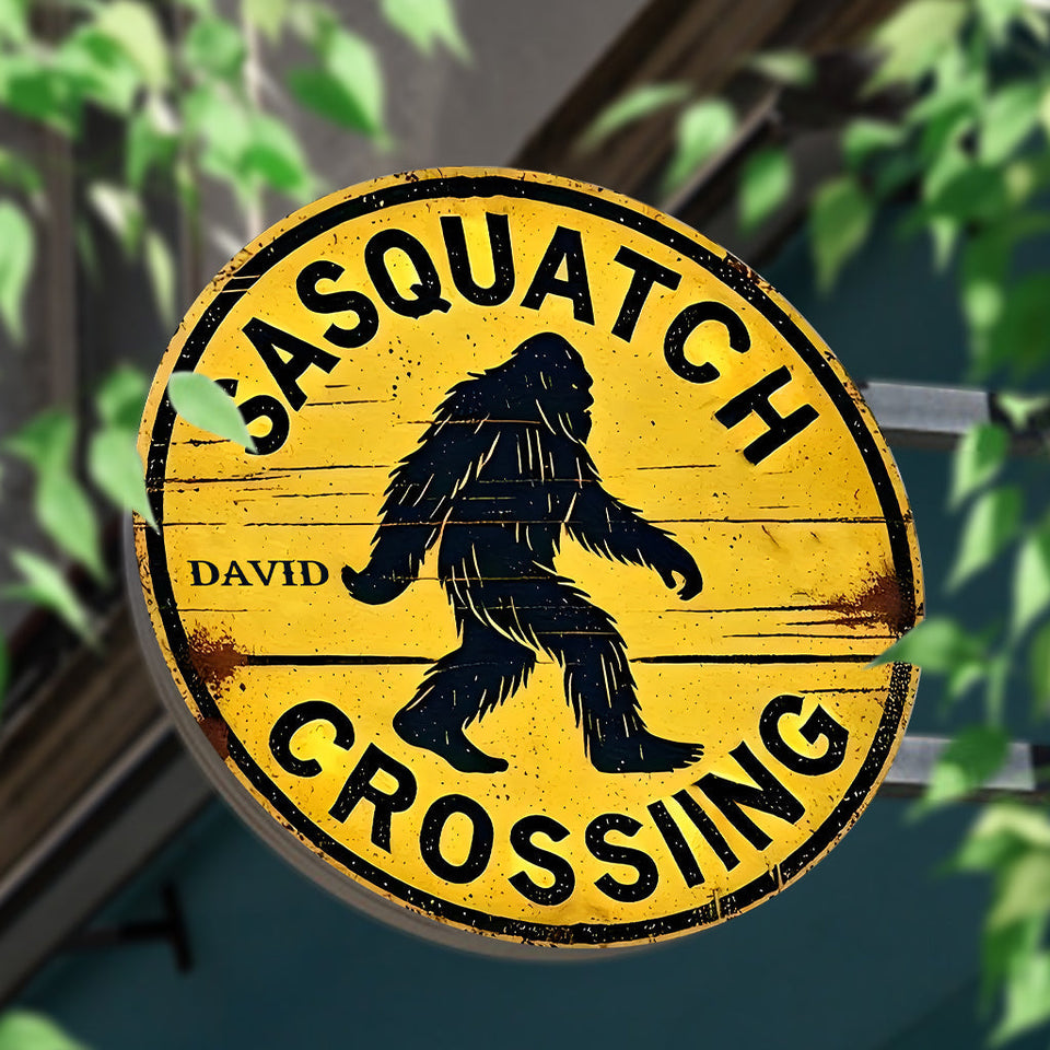 Warning Sasquatch Crossing Sign - Personalized Hiking Round Metal Sign