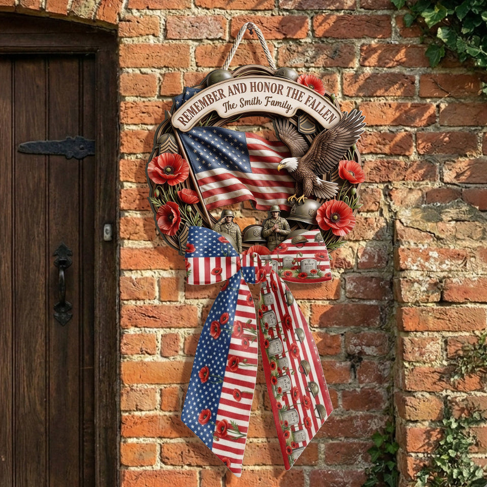Honor The Fallen - Personalized Memorial Day Shaped Wood Sign With Sash