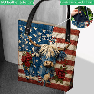 Highland Cow With Flag Pattern - Personalized Highland Cow Tote Bag