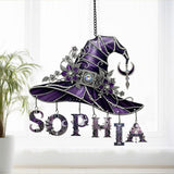 Floral With Hat - Personalized Witch Window Hanging Suncatcher With Custom Charms