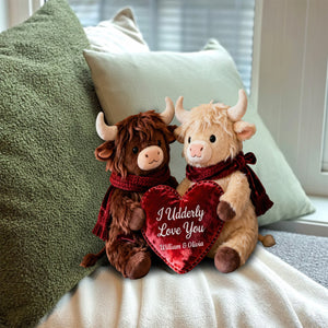 Romantic Plush Cows Holding Heart - Personalized Highland Cow Faux Fur Shaped Pillow