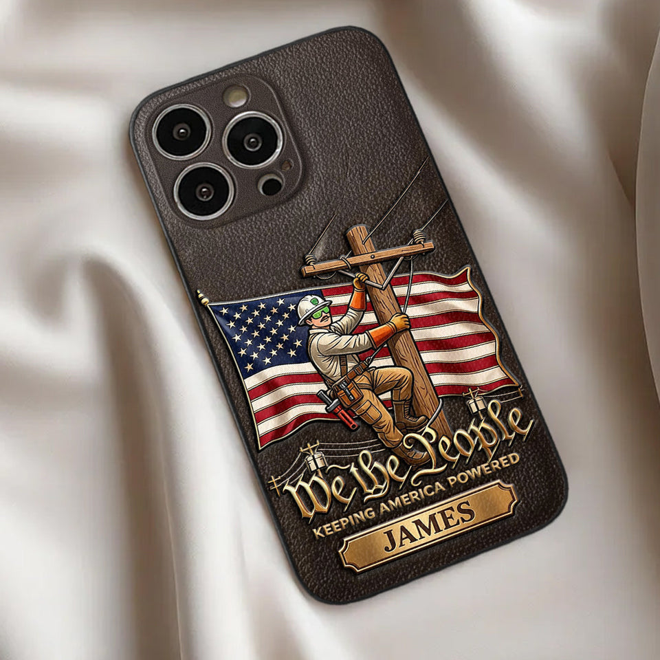 We The People - Personalized Lineman 3D Embossed Leather Phone Case