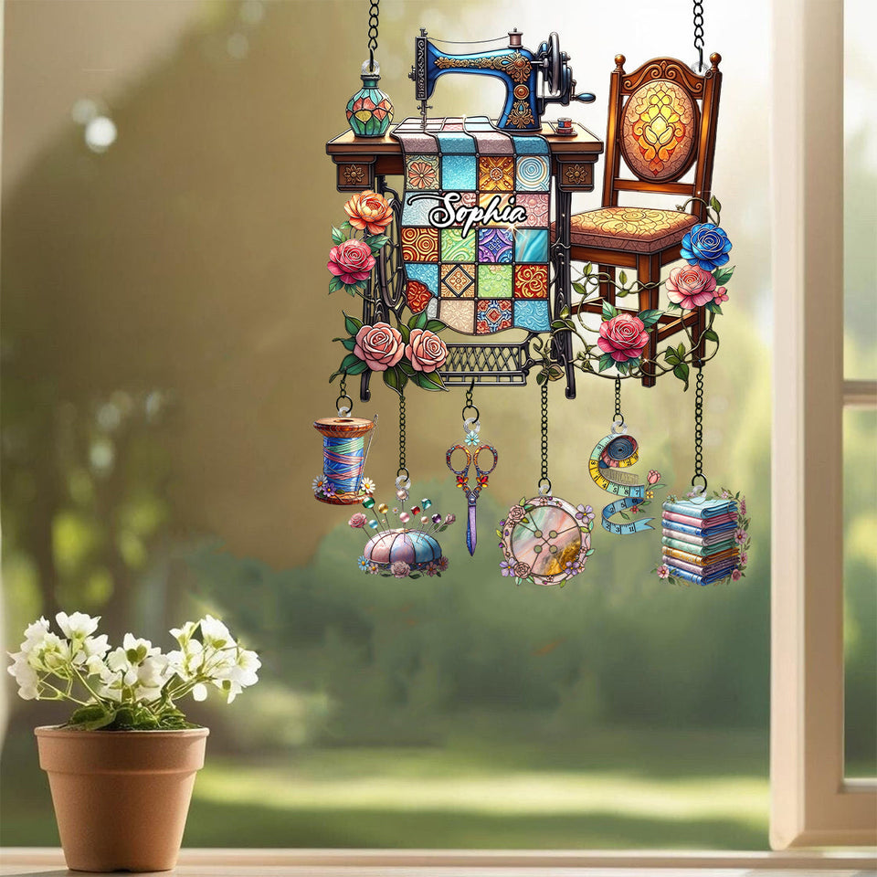 Love Sewing - Personalized Sewing Window Hanging Suncatcher With Charms