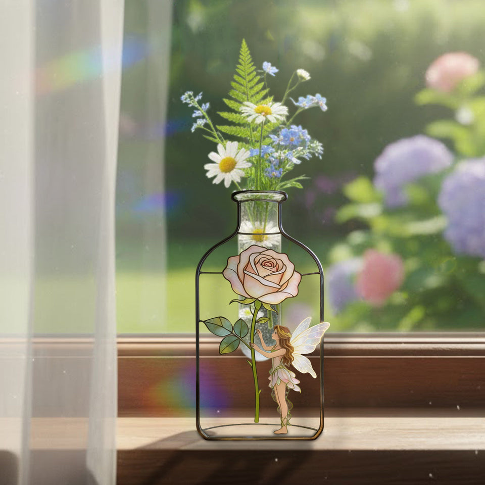 Custom Garden Fairy With Favorite Flower - Personalized Gardening Custom Shape Acrylic Flower Vase
